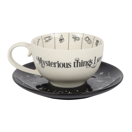 A white teacup with a black saucer, on a white background. Inside the teacup in black are various tea leaf reading symbols, separated by thin black lines.