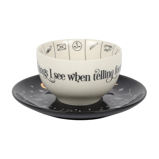 A white teacup with a black saucer, on a white background. Inside the teacup in black are various tea leaf reading symbols, separated by thin black lines.