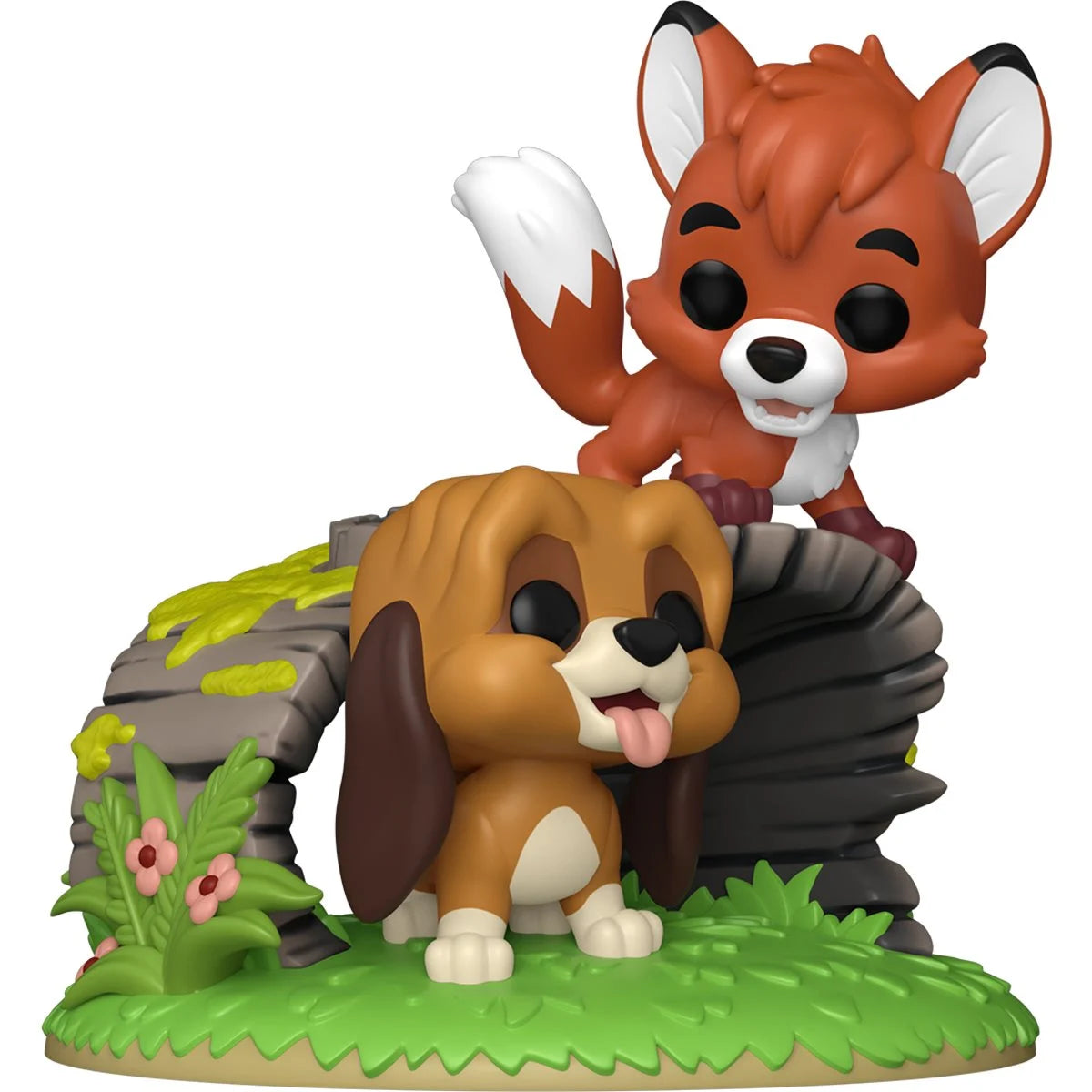 A miniature statue depicting Tod and Copper from The Fox and the Hound. Tod is standing on a hollow tree trunk, and Copper is just below him in the grass.