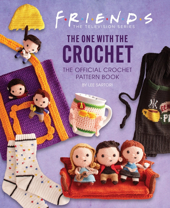 A purple hardcover book featuring crochet projects inspired by the TV series "Friends." Text at the top says "Friends, the one with the crochet."