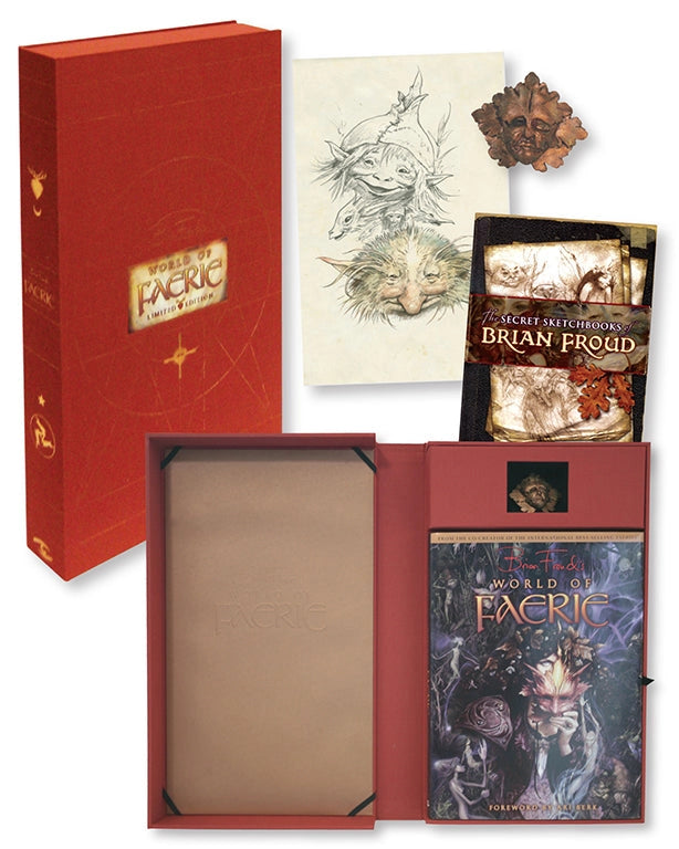 A red clothbound portfolio box set against a white background. In the center is gold text that says "Brian Froud's World of Faeries." Next to the box is a sketched drawing of faerie creatures on parchment colored paper, a wooden Green Man model, a sketchbook, and a hardcover book with depictions of faerie creatures, and text taht says "Brian Fround's World of Faeries" across the center.