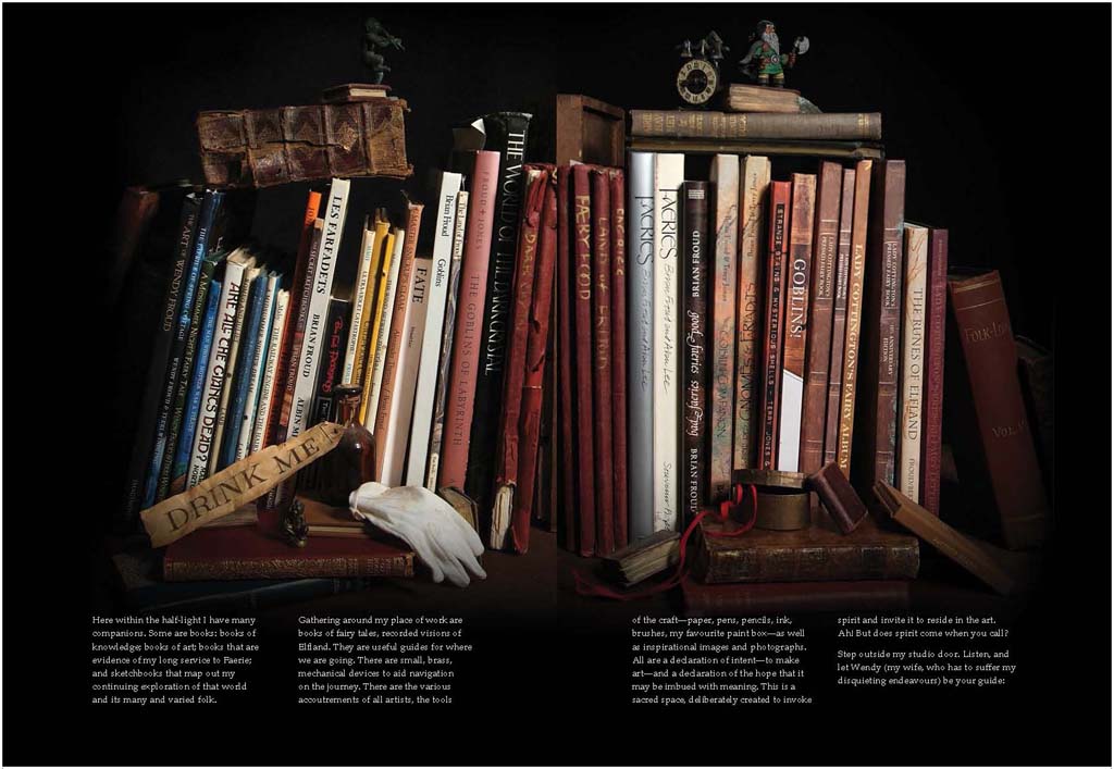 A collection of books stacked side by side. The books are all related to faeires, goblins, and other fantastical creatures.