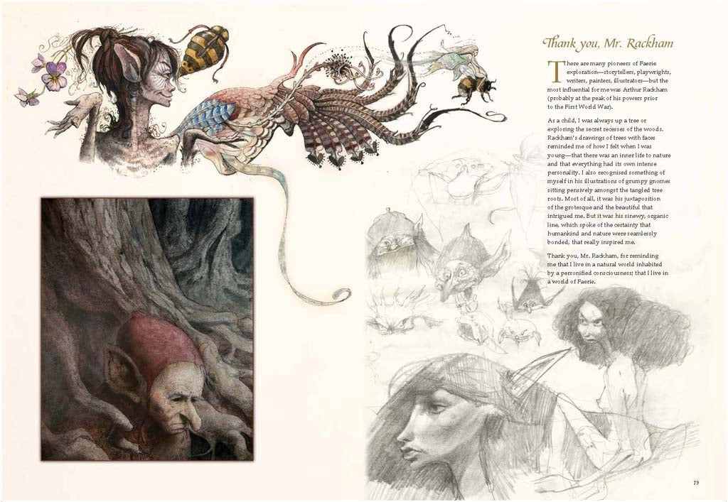 A two-page spread from the book depicting half-finished frawings of faeries and other fantastical creatures. At the top right corner is a paragraph thanking illustrator Arthur Rackham for his influence.