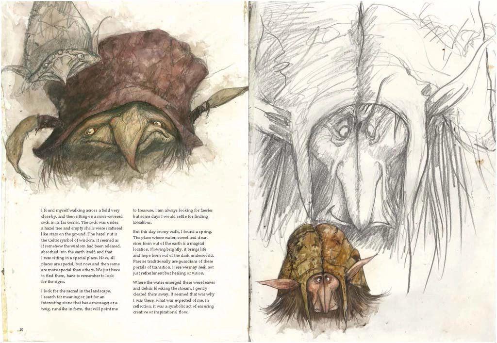 A two-page spread from the book depicting drawings of goblin sketches, and text describing the sketching process.