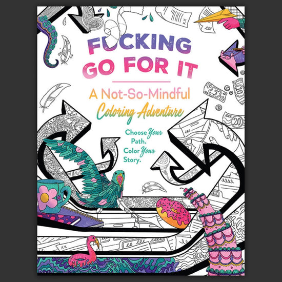 A coloring book entitled "F*cking go for it, a not so mindful coloring adventure." The cover has a collection of arrows and shapes, partially colored in.