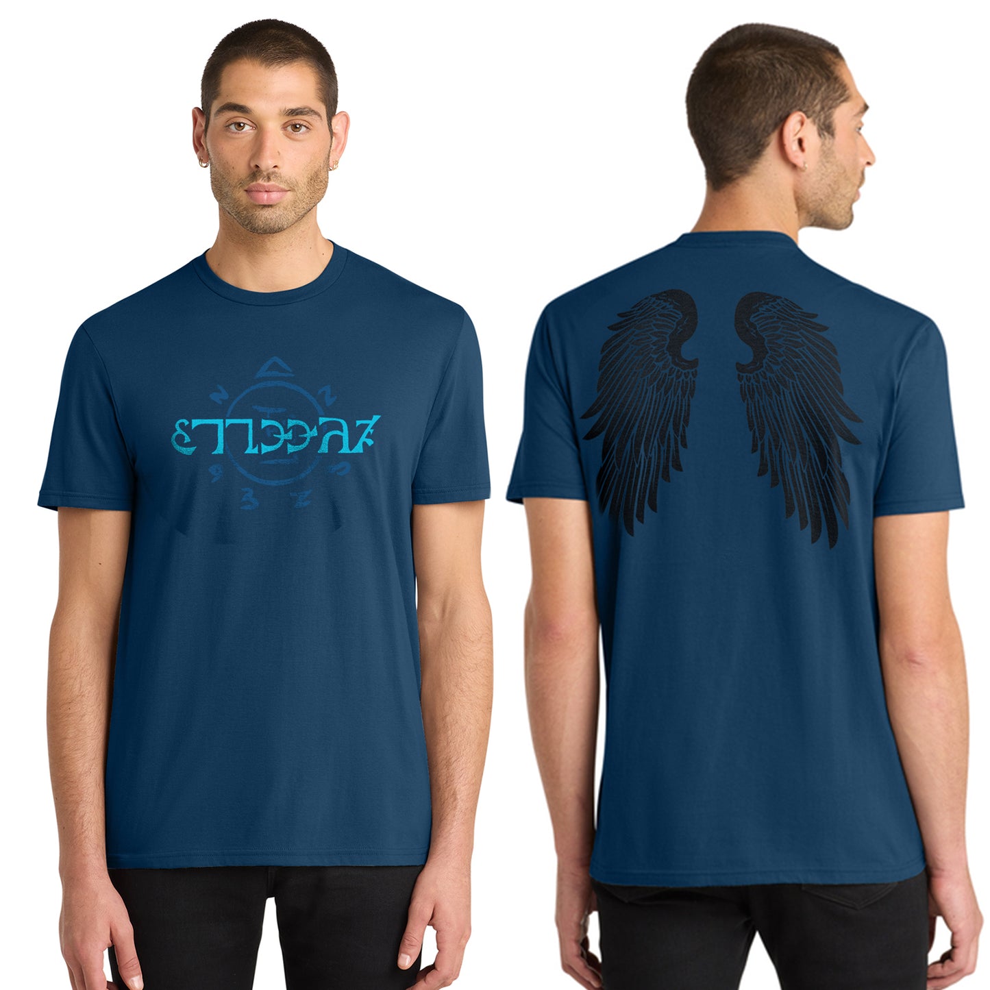 Front and back images of a model wearing a blue t-shirt. The front of the shirt has light blue runes, which spell out the word "funnier" in the angelic language Enochian. The back of the shirt has a pair of large black angel wings.