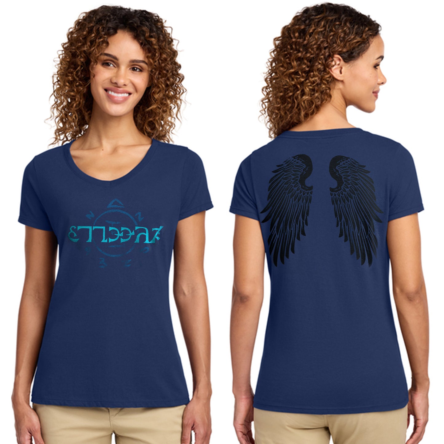 Front and back images of a model wearing a blue V-neck shirt. The front of the shirt has light blue runes, which spell out the word "funnier" in the angelic language Enochian. The back of the shirt has a pair of large black angel wings.