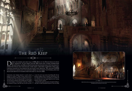 A two-page spread from the book. The pages depict The Red Keep from the series, with a description in text at the left.