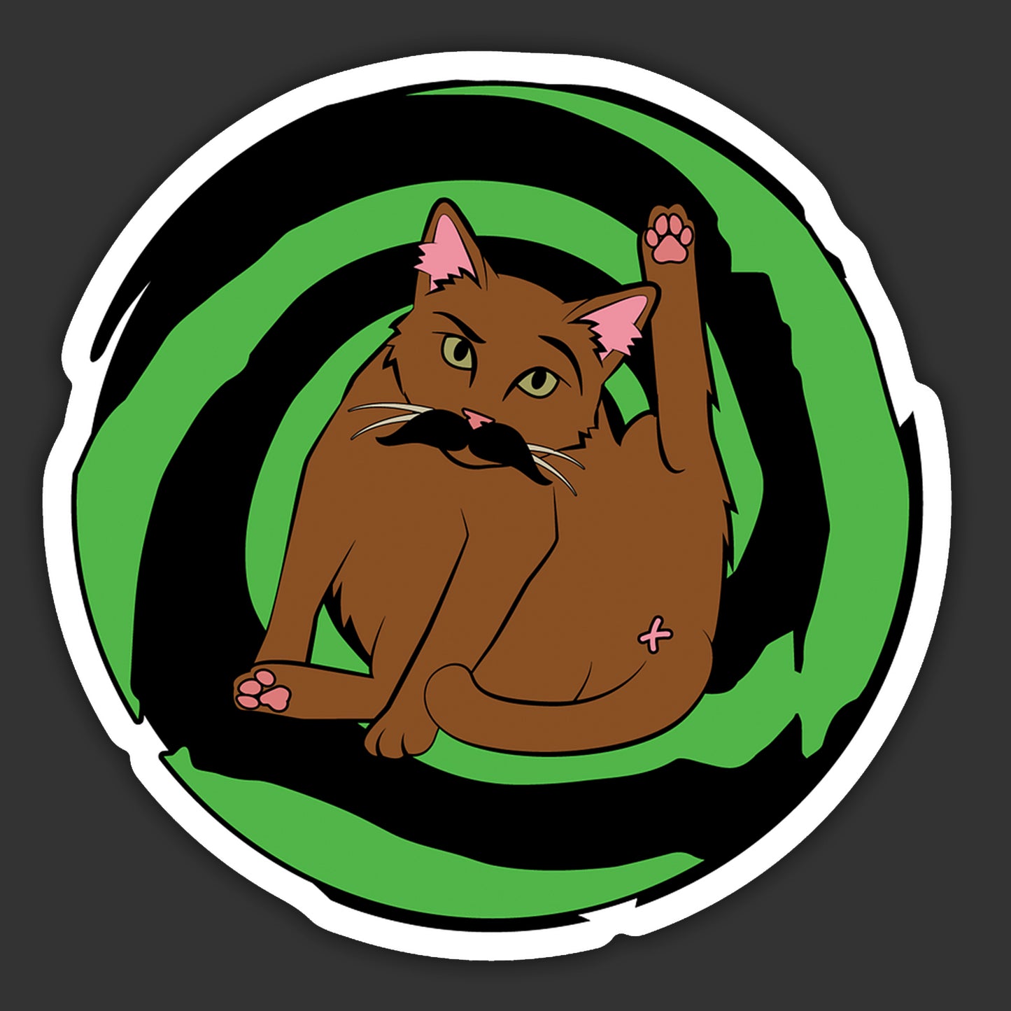 Cartoon cat with a mustache on a circular green and black background