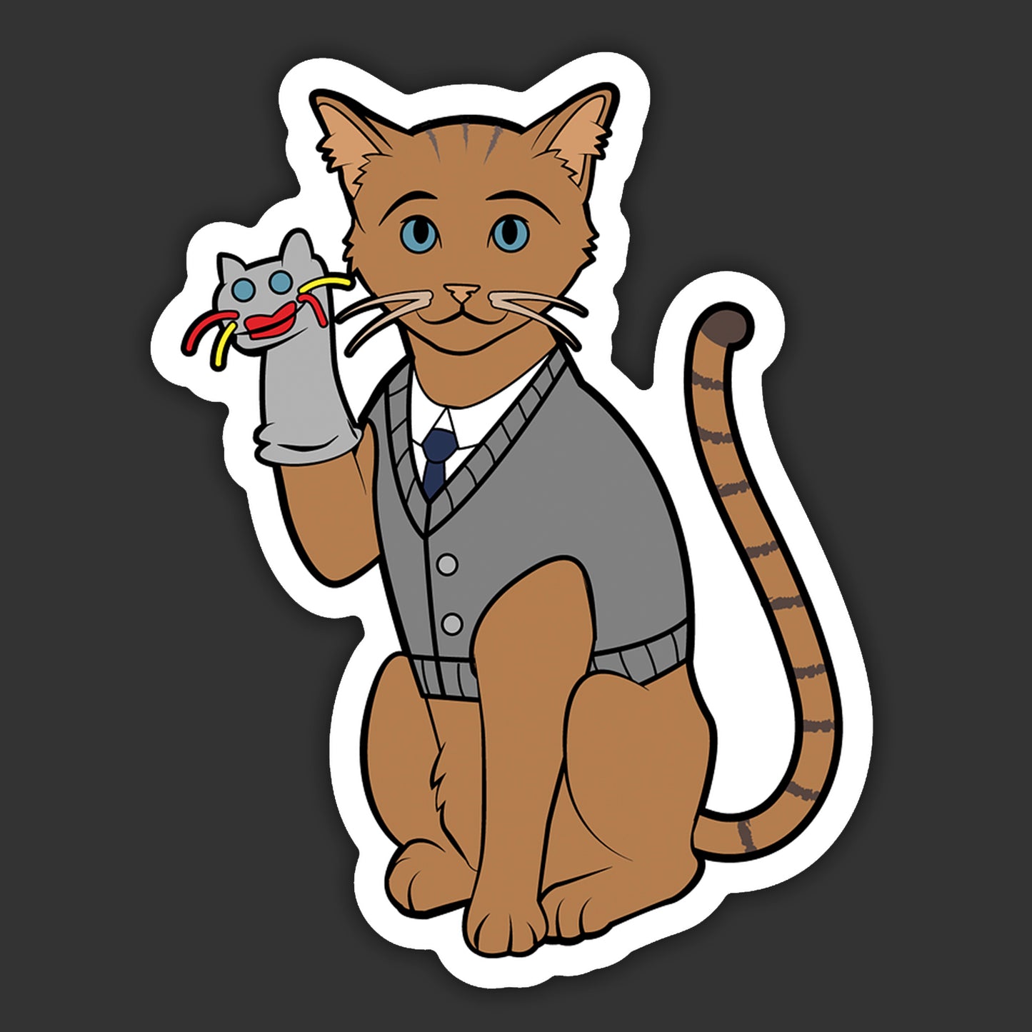 Cartoon cat character holding a small sock puppet on a dark background