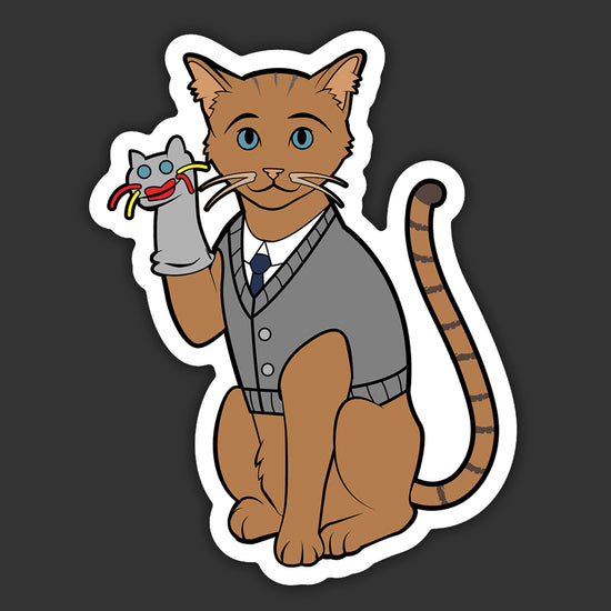 Cartoon cat character holding a small sock puppet on a dark background