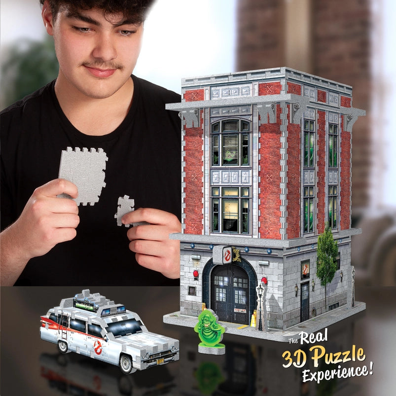 A 3D jigsaw puzzle depicting the firehouse headquarters from the "Ghostbusters" movies. A model is putting the pieces together in the background.