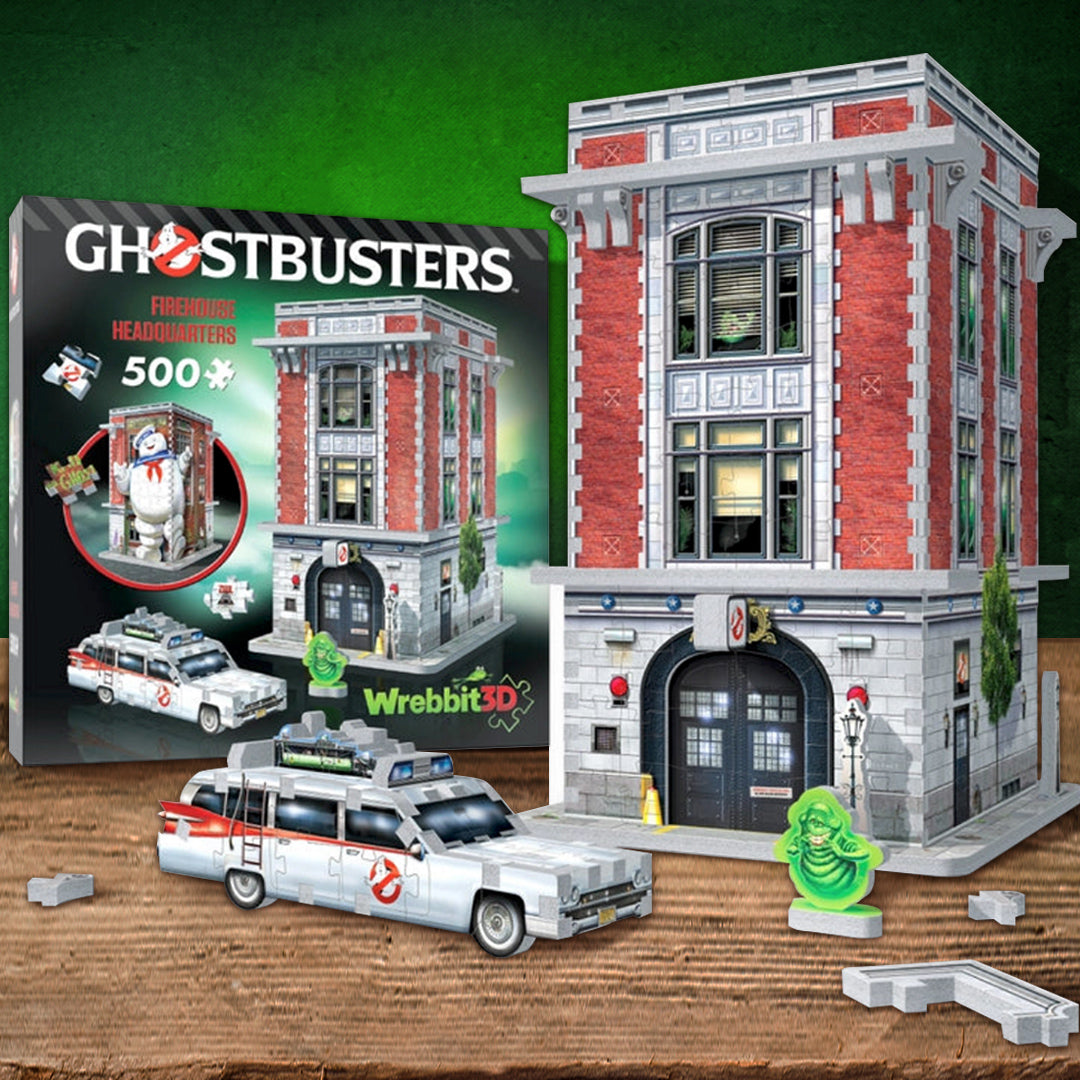 Ghostbusters-themed building model with Wrebbit3D packaging in the background