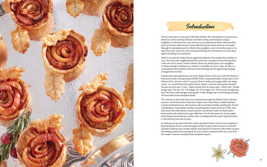 A two-page spread from the book. On the left are baked swirled rolls on a glass plate. On the right is an introduction to the cookbook.
