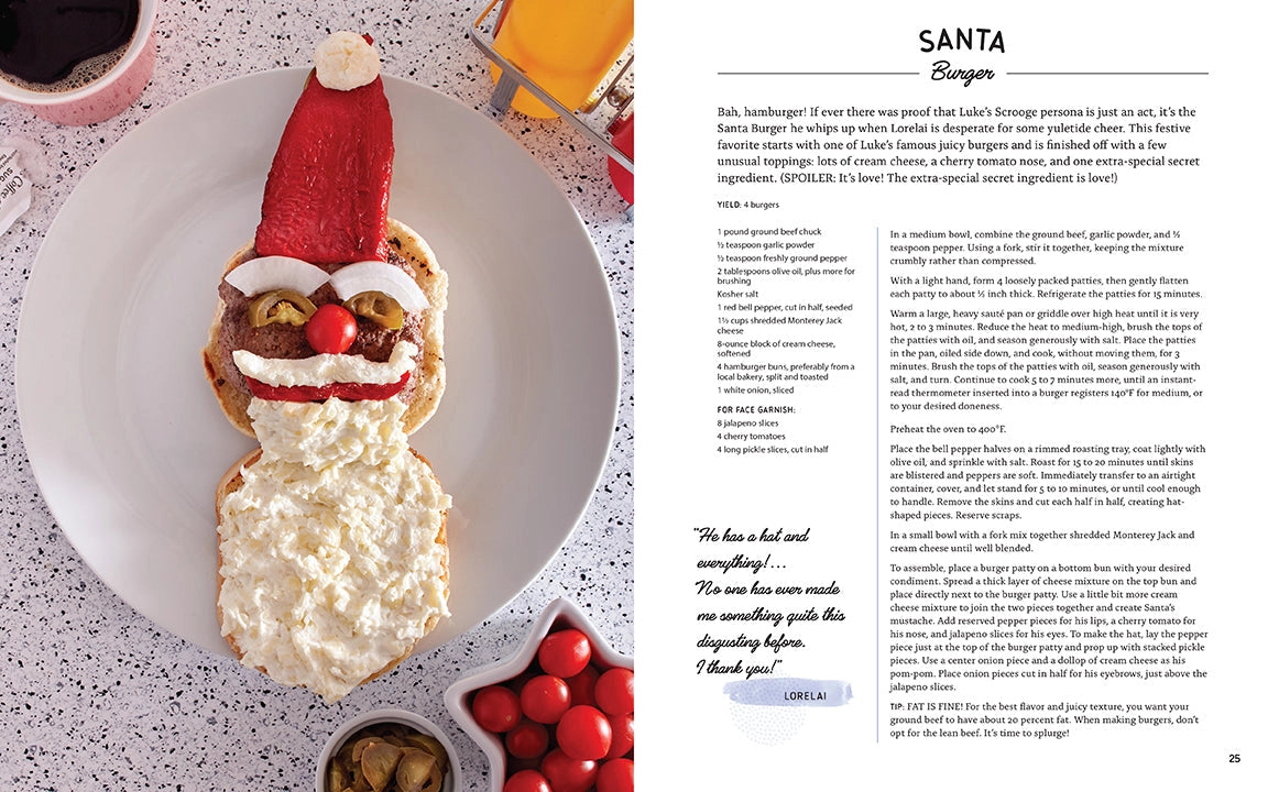 A two-page spread from the book. On the left is a cheeseburger on a white plate, decorated to look like Santa Claus. On the right is a recipe for the Santa Burger.