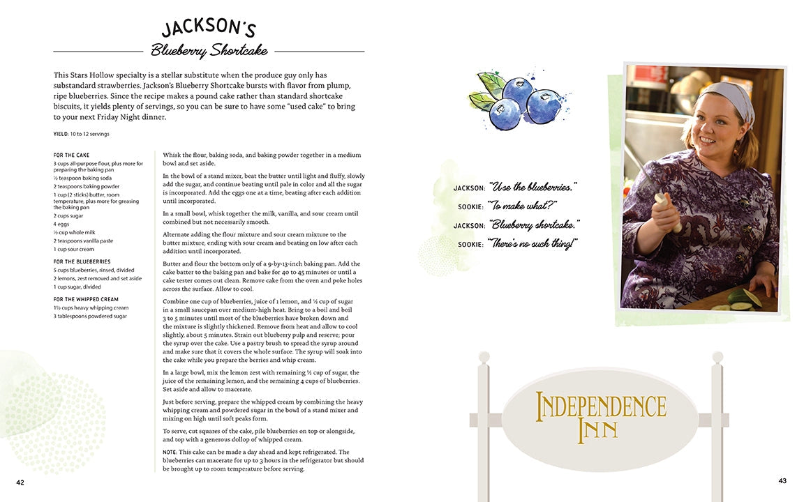 A two-page spread from the book. On the left is a recipe for Jackson's Blueberry Shortcake. On the right is a picture of a character fromTV series "Gilmore girls," with a quote from the show about blueberry shortcake.
