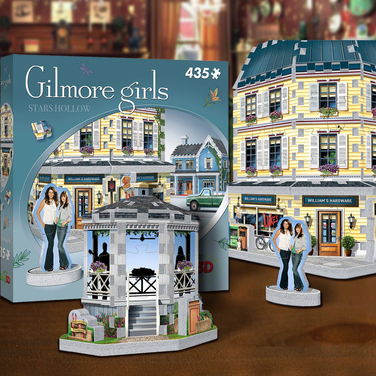 Gilmore Girls themed puzzle with box and completed model of Stars Hollow.