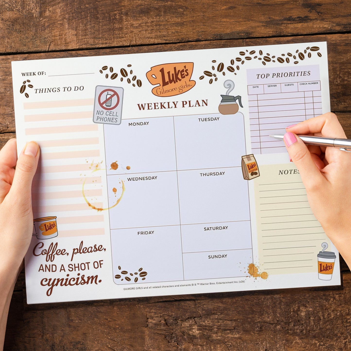 A weekly planner notepad themed after the TV series Gilmore Girls.