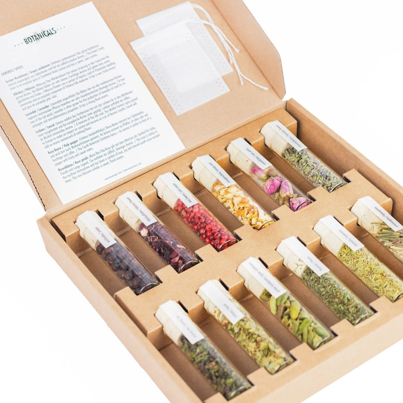 Load image into Gallery viewer, A cardboard box on a white background. Inside the box are twelve small glass vials, each filled with a different botanical for cocktails, including hibiscus, lemongrass, orange peel, and others. Inside the box lid is a sheet of paper with instructions on how to use the botanicals.
