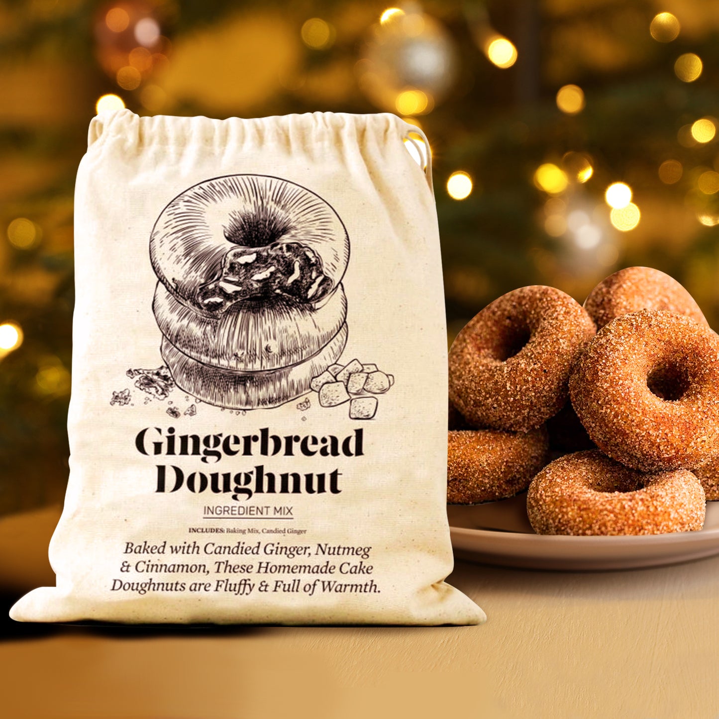 A white canvas sack on a smooth wood table in front of soft white holiday lights. On the sack is black text saying "Gingerbread Doughnut. Baked with candied ginger, nutmeg & cinnamon, these homemade cake doughnuts are fluffy & full of warmth." At the top is a black drawing of a stack of doughnuts. There is a plate of donuts resting behind the bag. 