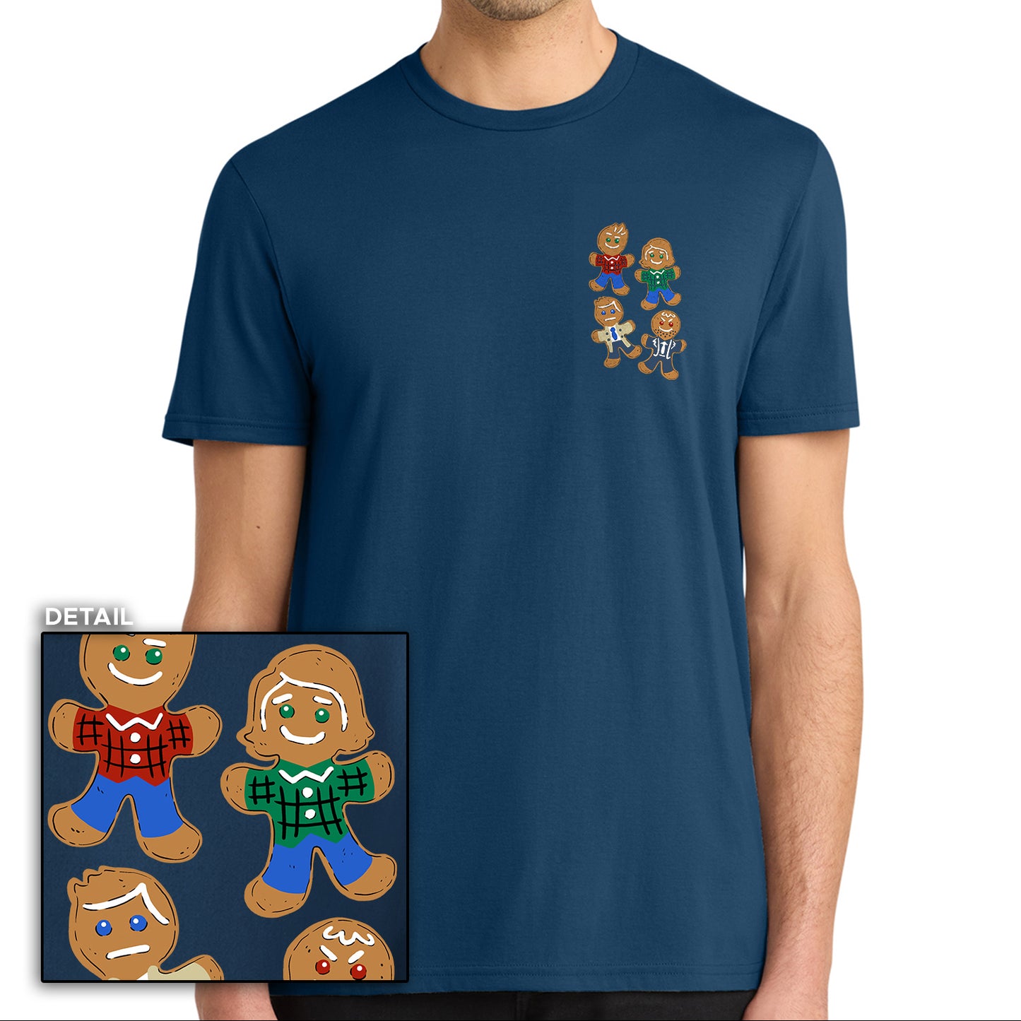 Blue t-shirt with gingerbread men design on a white background