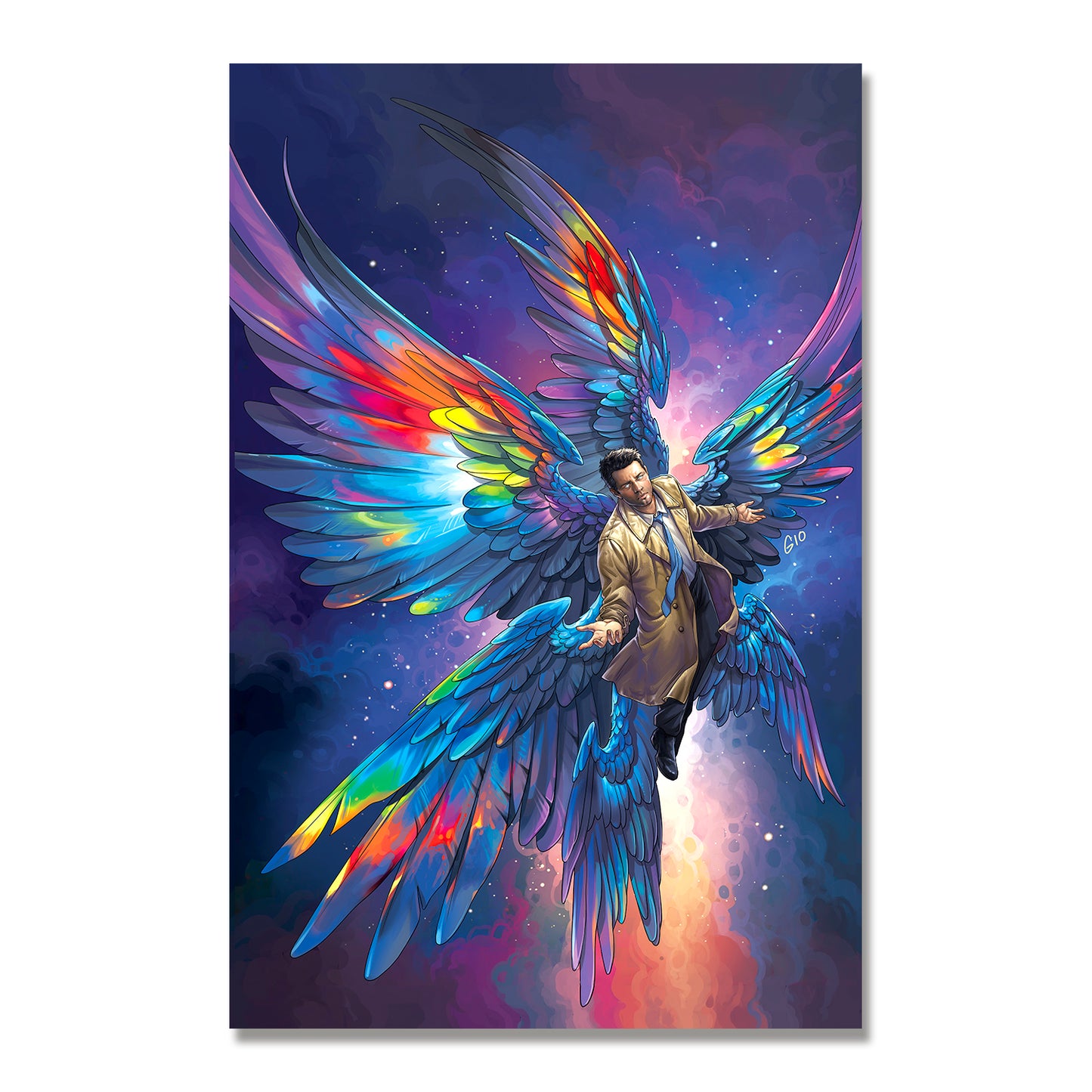 A painting against a white background. The painting depicts the angel Castiel with rainbow wings, soaring through the nighttime sky.