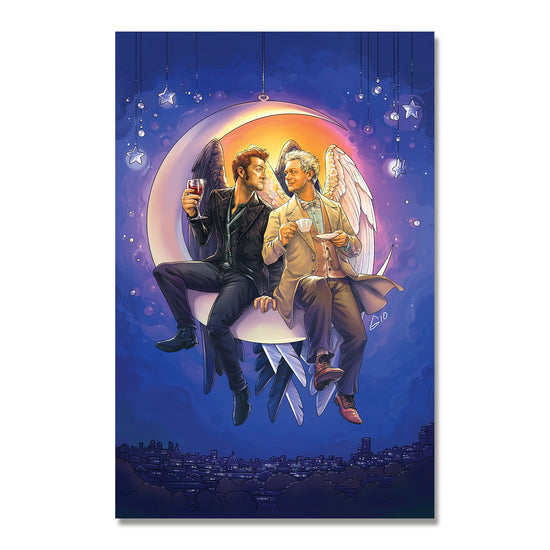 A painting against a white background. The painting depicts Aziraphale and Crowley, from "Good Omens," smiling and sitting together on a crescent moon above a city skyline. Crowley holds a glass of wine, and Aziraphale holds a cup of tea.