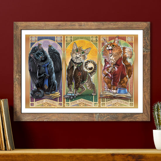 A framed lithograph against a maroon background. Under the rame is a bookshelf with a potted cactus and a two old books standing on it. The lithograph depicts three cats in separate panels. The first is a black cat with black wings and a blue necktie, named The Angel. The second is a tabby in a brown jacket, clutching a toy car, named The Warrior. The third is a Main Coon in a brown jacket, standing on an open book, named The Magician.