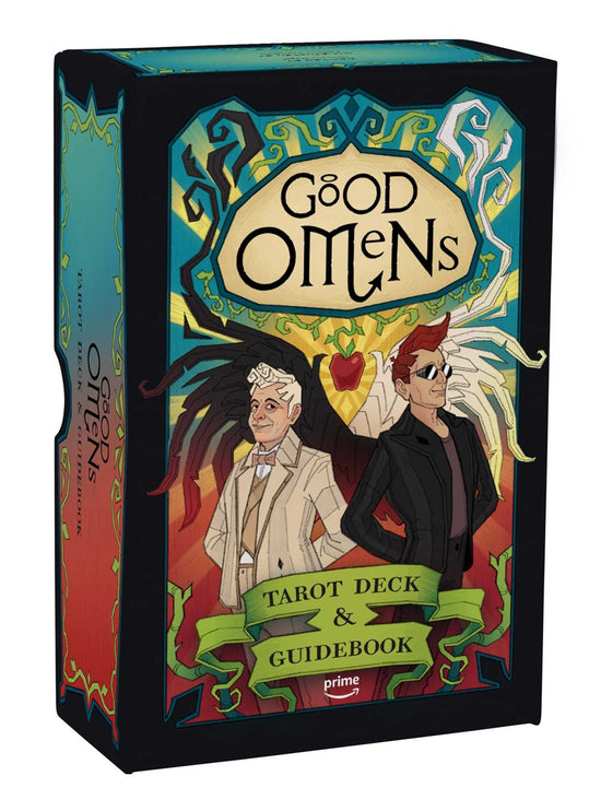 An image of a black box on a white background. At the top of the box is a beige oval with "good omens" in black text. Beneath the text is a drawing of Aziraphale and Crowley, the two main characters from the series "good omens." Under them is a green banner with black text saying "tarot deck and guidebook." Behind the two characters, yellow and blue rays point upward, while red and white rays point downward.