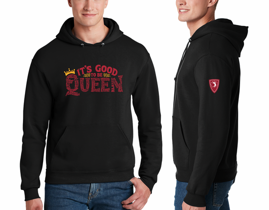 Black hoodie with 'It's Good to be Queen' text and a logo on a white background. The text is comprised of various words shaping the word "Queen." A second hoodie is seen from the side, with a red shield-shaped emblem on the sleeve. The emblem has a white crescent moon wearing a crown.