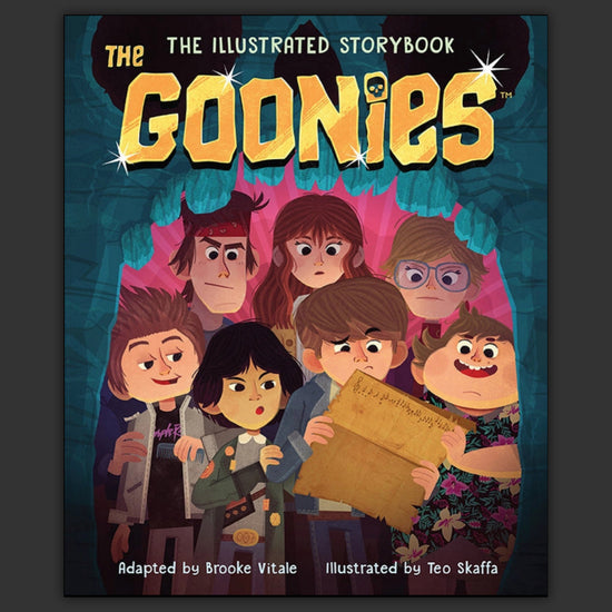 An illustrated book cover featuring drawings of the characters from "The Goonies."