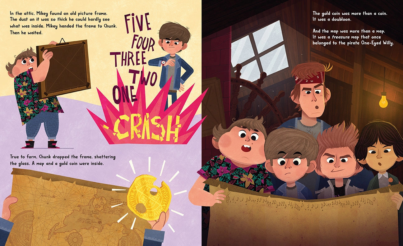 A two-page spread from the book featuring a drawing depicting a scene from the movie as a drawing.