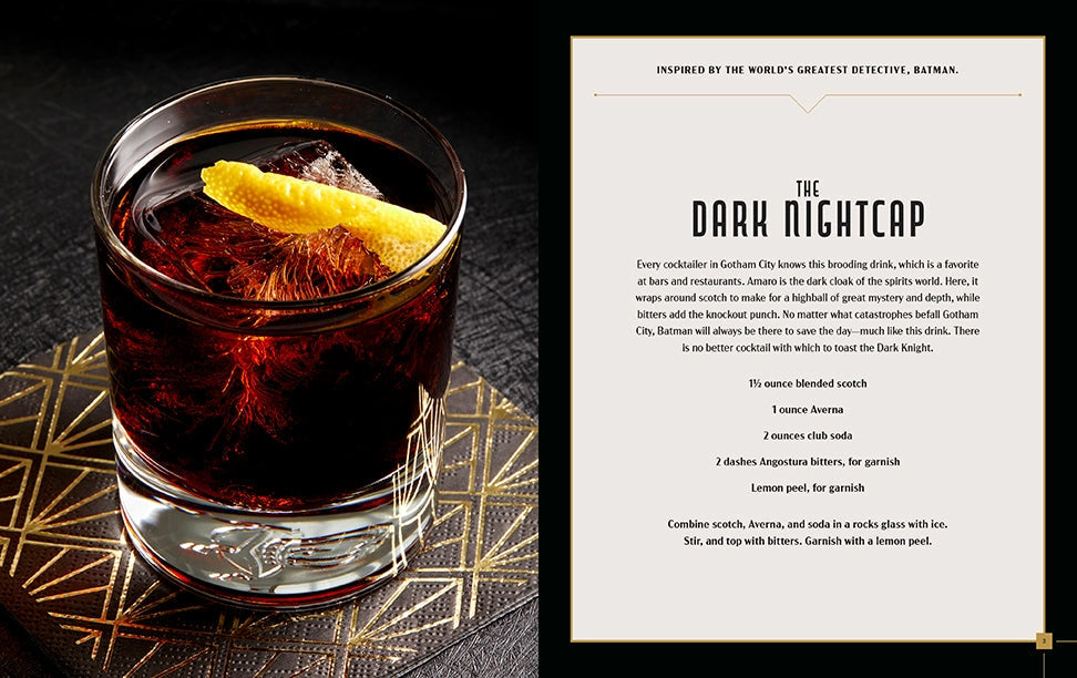A two-page spread from the book. On the left is a cocktail glass filled with a dark brown beverage, and a lemon peel at the top. On the right in black text is a recipe for the cocktail, named The Dark Nightcap.