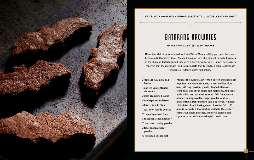 Load image into Gallery viewer, A two-page spread from the book. On the right are brownies cut into the shape of a bat. On the right in black text is a recipe for the brownies, with the name batarang brownies at the top.
