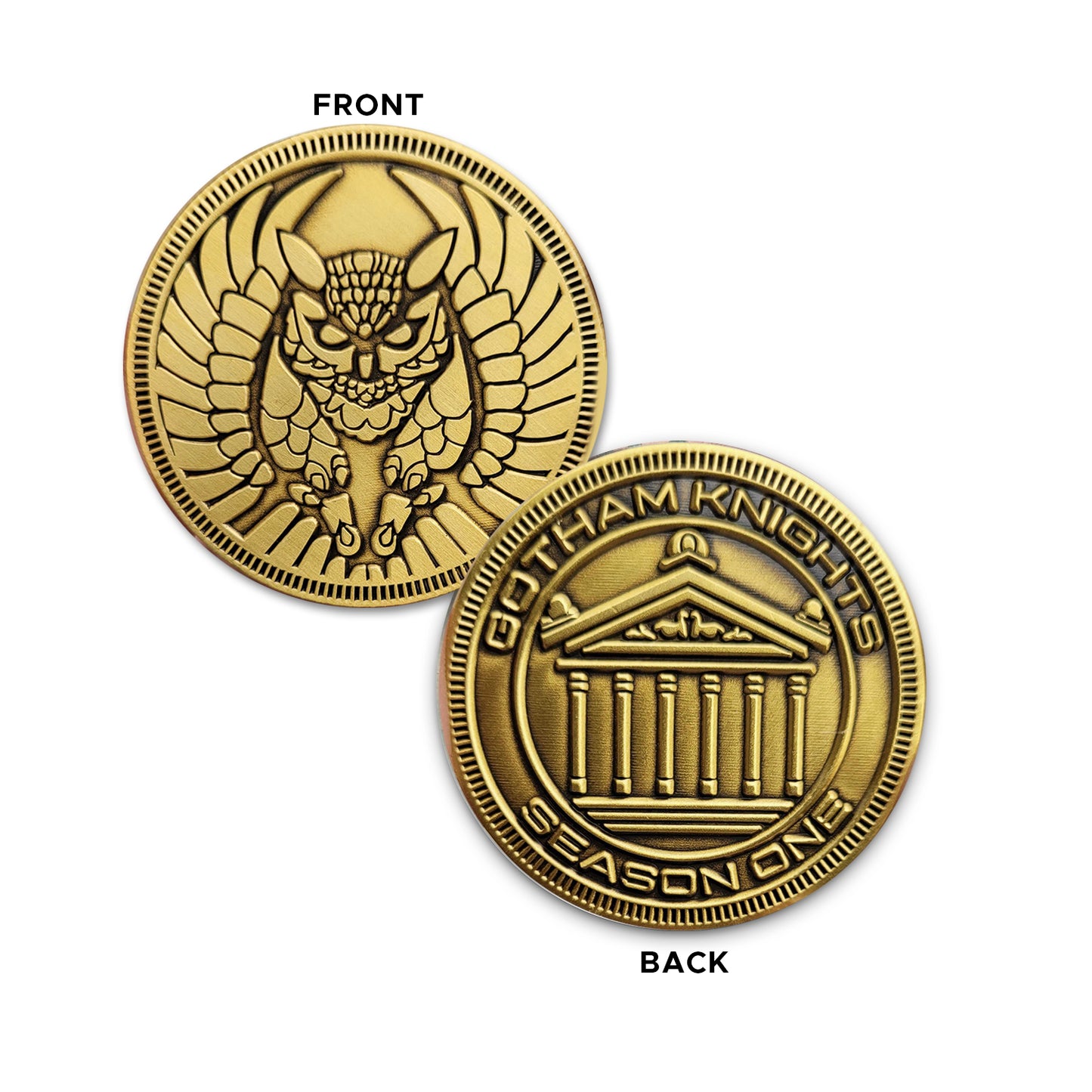 Load image into Gallery viewer, Front and back view of a gold coin. The front view has an etched owl motif. The back has &amp;quot;Gotham Knights Season One&amp;quot; around the edge, with a courthouse motif etched in the center.
