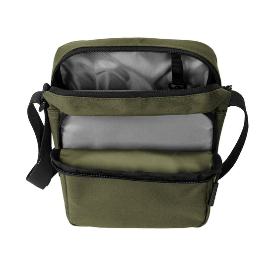 An olive green cross-body bag on a white background, opened to show the inside pockets.