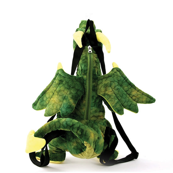 Rear view of a green dragon-shaped backpack. A silver zipper runs downthe dragon's back, wth black straps at the top and bottom.