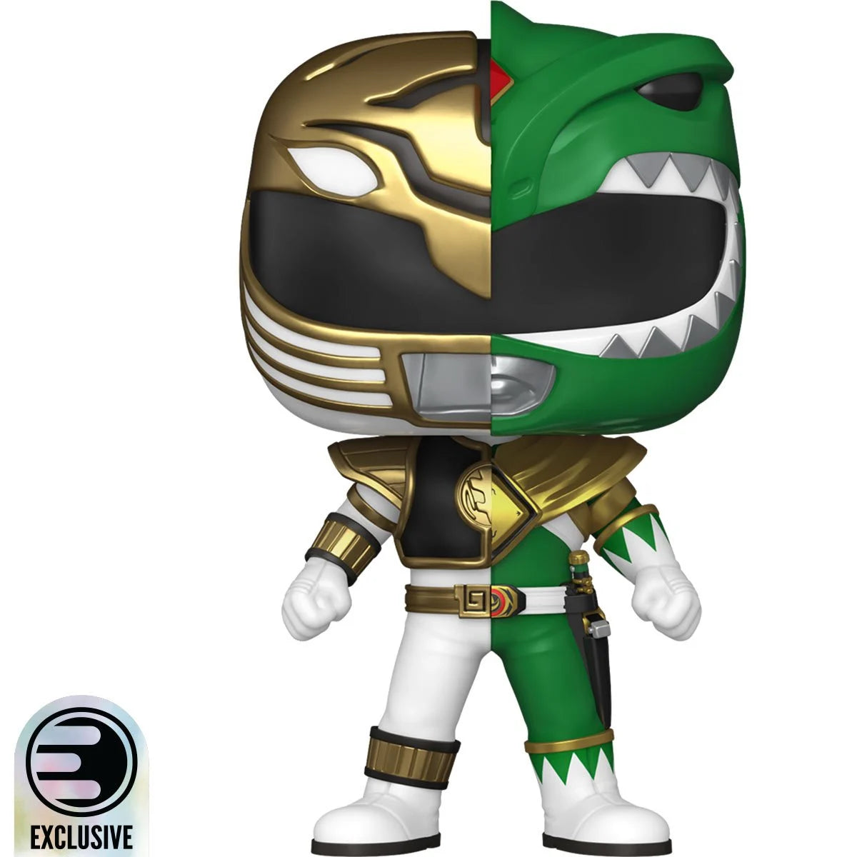 A bobblehead figure depicting a Mighty Morphin Power Ranger. One half is the Green Ranger, the other half is the White Ranger.