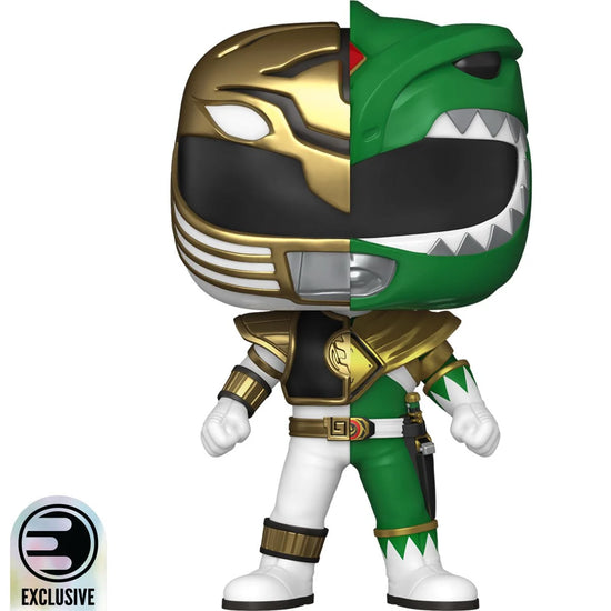 A bobblehead figure depicting a Mighty Morphin Power Ranger. One half is the Green Ranger, the other half is the White Ranger.