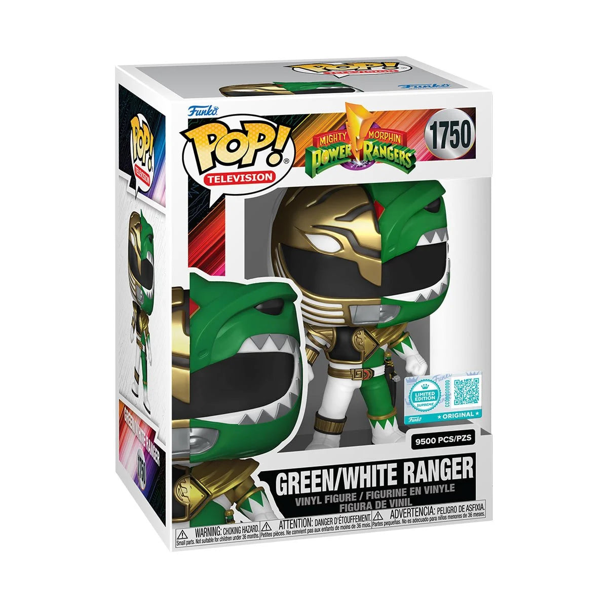 A cardboard box with a transparent front, containing a bobblehead figure depicting a Mighty Morphin Power Ranger. One half is the Green Ranger, the other half is the White Ranger.