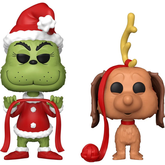 A pair of bobblehead figures, depicting The Grinch and his dog Max. The Grinch is in his Santa suit, and Max has a reindeer antler on his head.