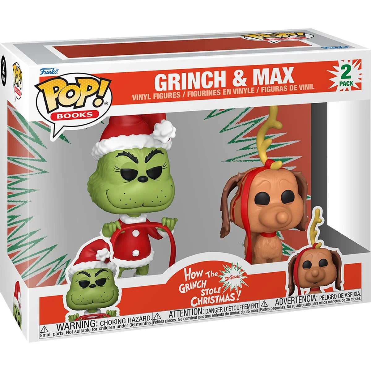 A cardboard box with a transparent front, containing a pair of bobblehead figures, depicting The Grinch and his dog Max. The Grinch is in his Santa suit, and Max has a reindeer antler on his head.