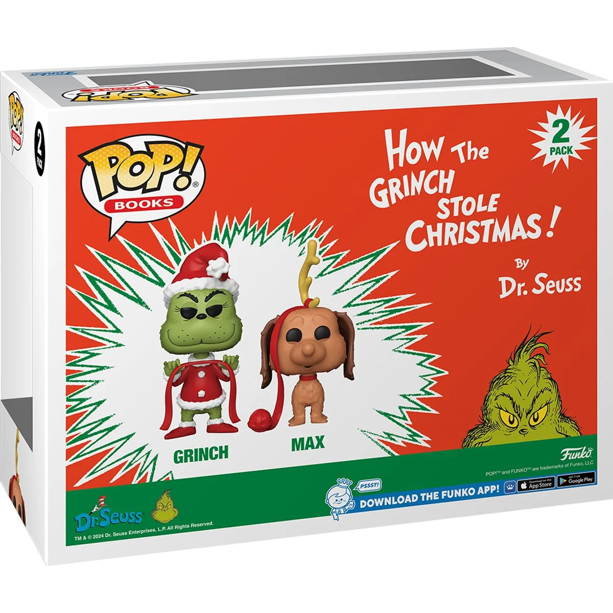 Funko Pop! vinyl figure packaging for 'How the Grinch Stole Christmas' featuring the Grinch and Max.