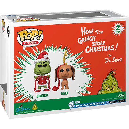 Funko Pop! vinyl figure packaging for 'How the Grinch Stole Christmas' featuring the Grinch and Max.