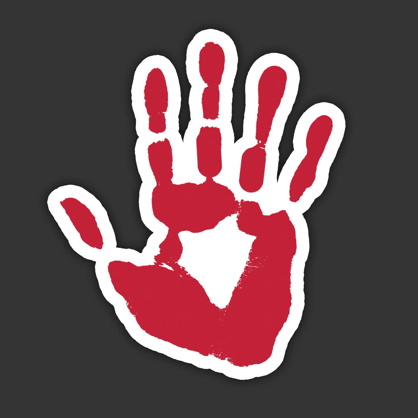 A window sticker depicting a red handprint outlined in white