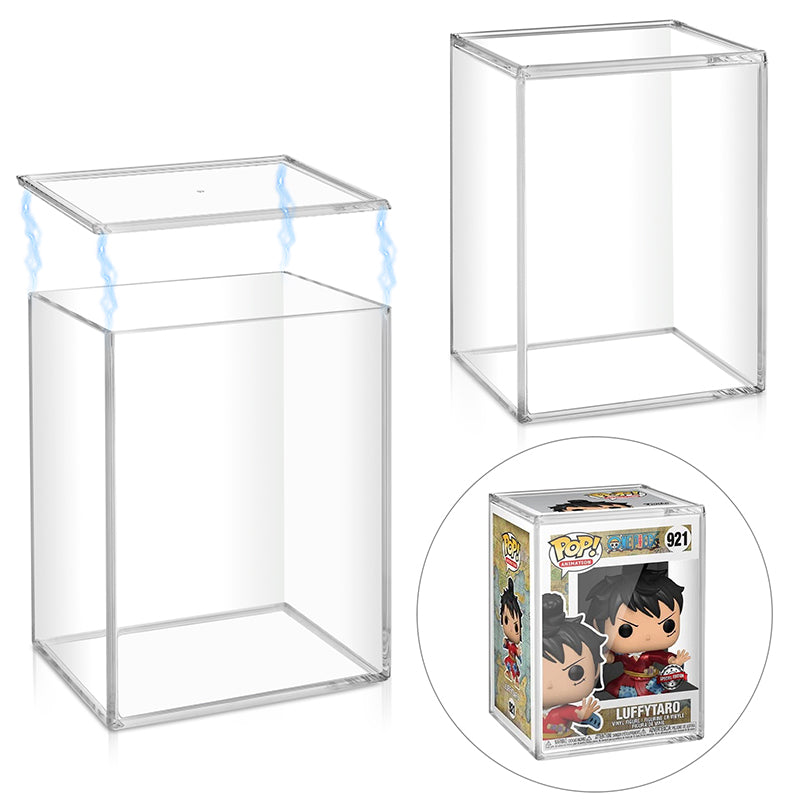 Two clear acrylic display boxes with a Funko Pop! figure of Goku and Gohan in the corner.