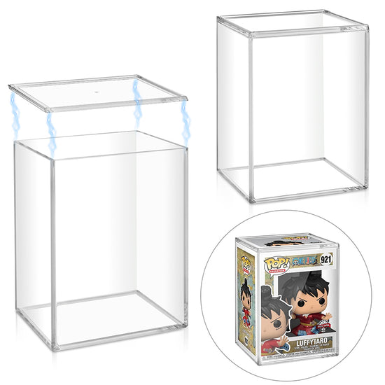 Two clear acrylic display boxes with a Funko Pop! figure of Goku and Gohan in the corner.