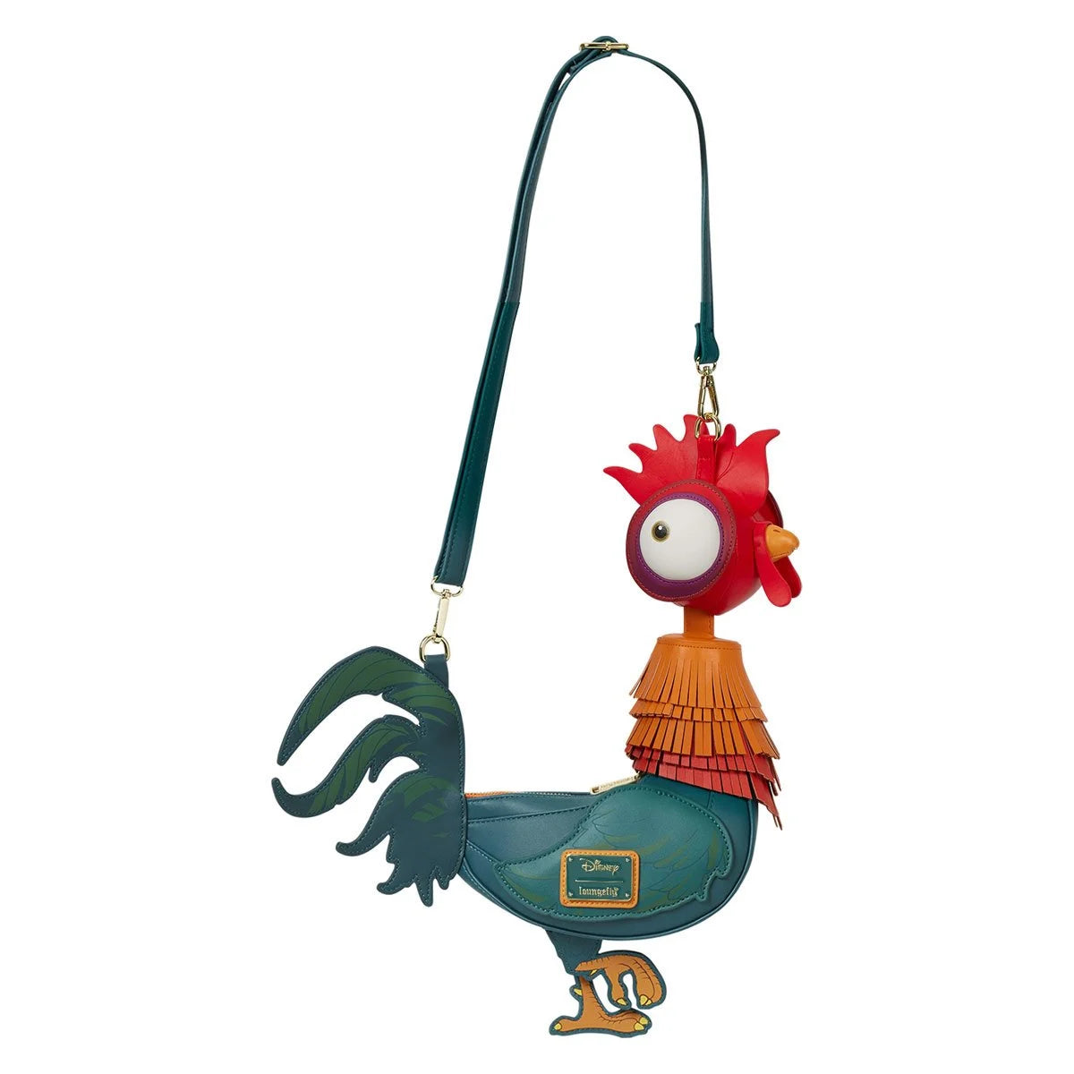 A leather crossbody bag depicting HeiHei from Moana