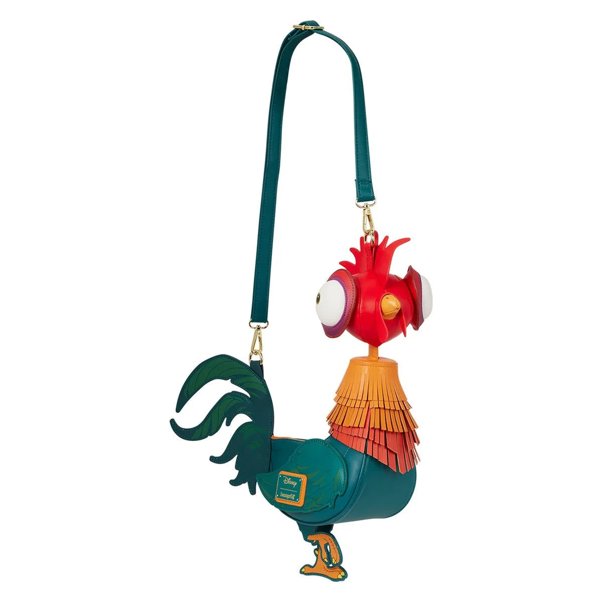 A leather crossbody bag depicting HeiHei from Moana