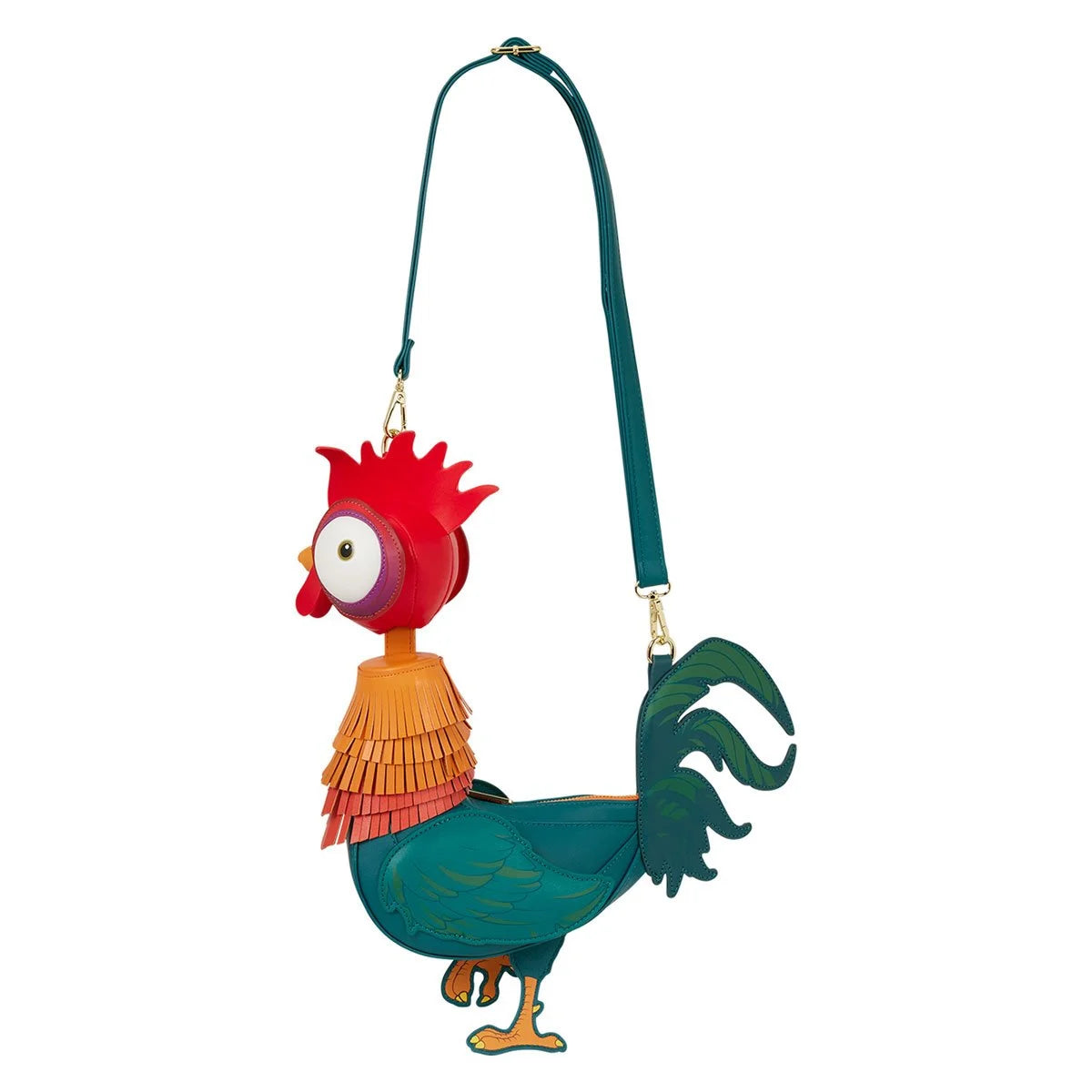 A leather crossbody bag depicting HeiHei from Moana